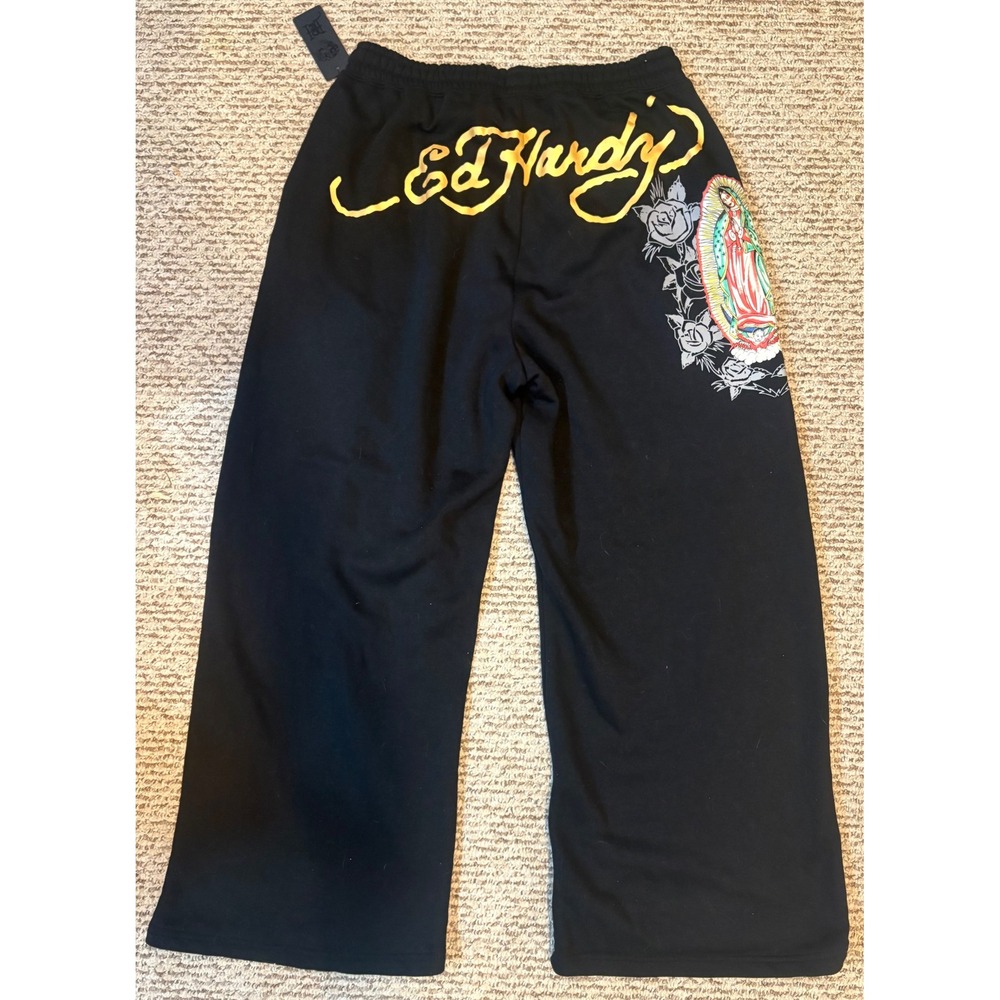 Ed Hardy Black Wide Leg Sweatpants Virgin Mary Graphic Y2K Joggers 1X NWT